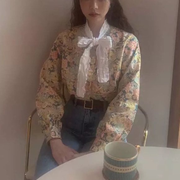 Floral blouse shirt button long sleeve bow tie flower top pink multicolor - Picture 4 of 4